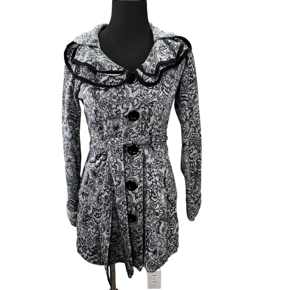 LA Kitty Pea Coat Black Gray Ruffle Tie Front size M Girls Floral Lace Dressy